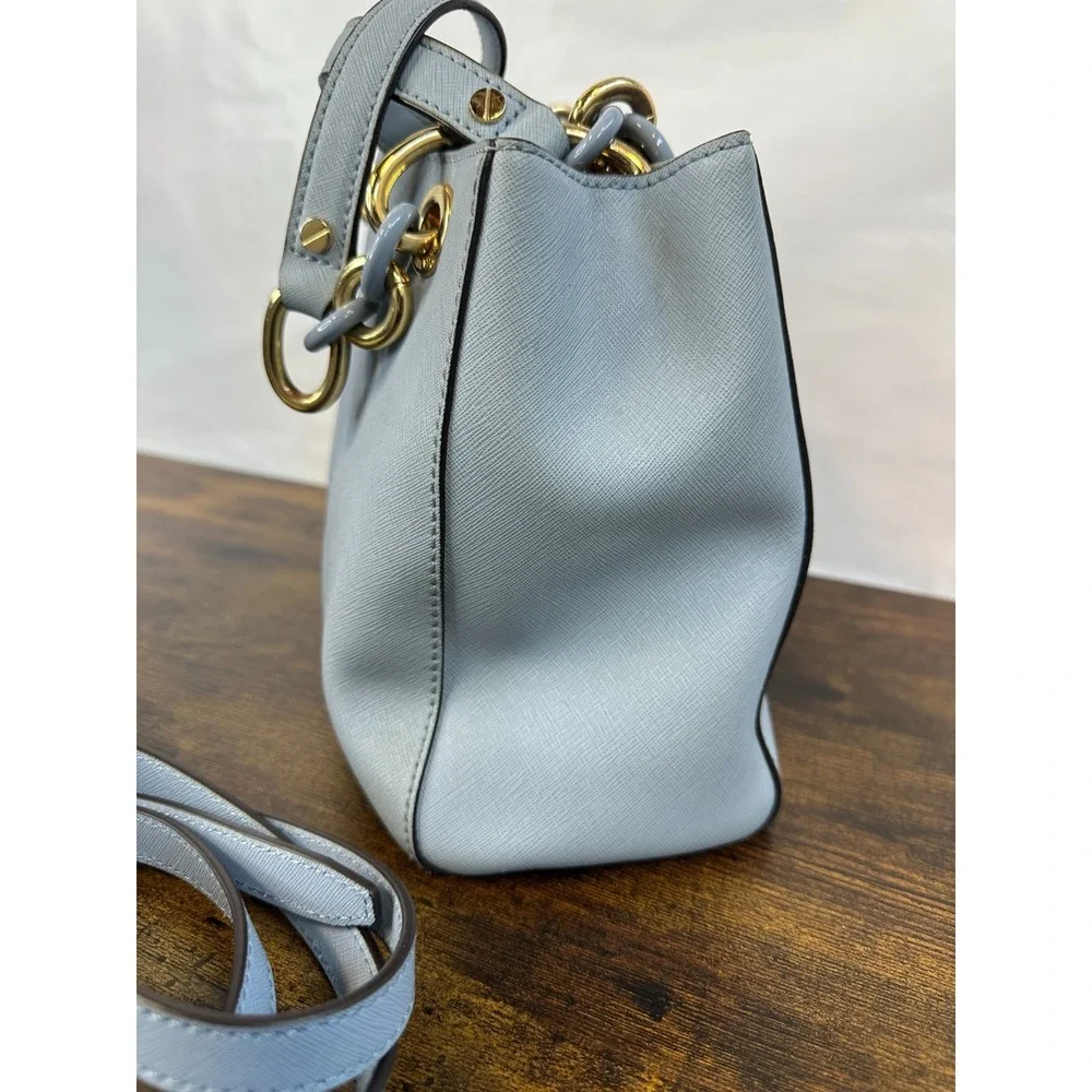 Michael Kors Cynthia Satchel Pale Blue Saffiano Leather Chain Handle Handbag